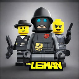 A movie poster for 'The Lego Man' featuring an evil criminal Lego guy that looks like a robber, a SWAT Lego man with guns and a shirt that says 'polizi' wearing a black helmet, and a super awesome and pretty girl