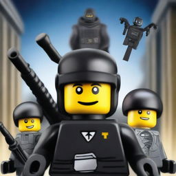 A movie poster for 'The Lego Man' featuring an evil criminal Lego guy that looks like a robber, a SWAT Lego man with guns and a shirt that says 'polizi' wearing a black helmet, and a super awesome and pretty girl