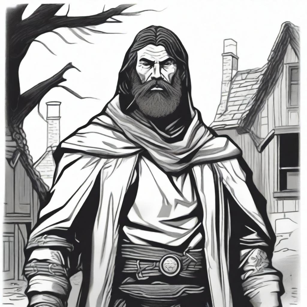 A dark DND illustration in black and white of a 30-year-old medieval bailiff wearing a grizzled expression