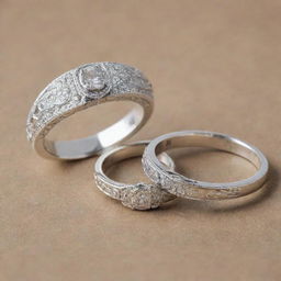 Two similar silver engagement rings. The first one is engraved with the name 'Reda', the second one is engraved with the name 'Yujin'.