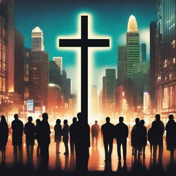 A captivating scene depicting people looking at an illuminated cross in the middle of a bustling city