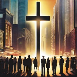 A captivating scene depicting people looking at an illuminated cross in the middle of a bustling city