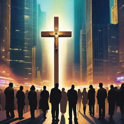 A captivating scene depicting people looking at an illuminated cross in the middle of a bustling city