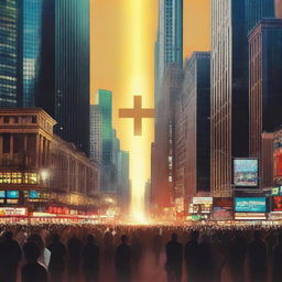 A captivating scene depicting people looking at an illuminated cross in the middle of a bustling city