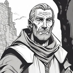 A dark DND illustration in black and white of a 30-year-old medieval bailiff wearing a grizzled expression