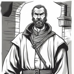 A dark DND illustration in black and white of a 30-year-old medieval bailiff wearing a grizzled expression