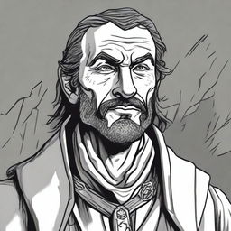 A dark DND illustration in black and white of a 30-year-old medieval bailiff wearing a grizzled expression