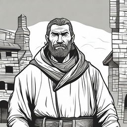 A dark DND illustration in black and white of a 30-year-old medieval bailiff wearing a grizzled expression