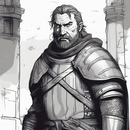 A dark DND illustration in black and white of a 30-year-old medieval bailiff wearing armor with no helmet, displaying a grizzled expression