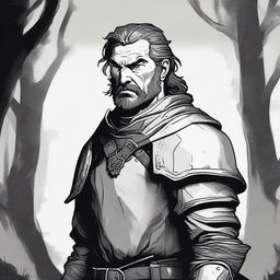 A dark DND illustration in black and white of a 30-year-old medieval bailiff wearing armor with no helmet, displaying a grizzled expression