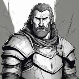 A dark DND illustration in black and white of a 30-year-old medieval bailiff wearing armor with no helmet, displaying a grizzled expression