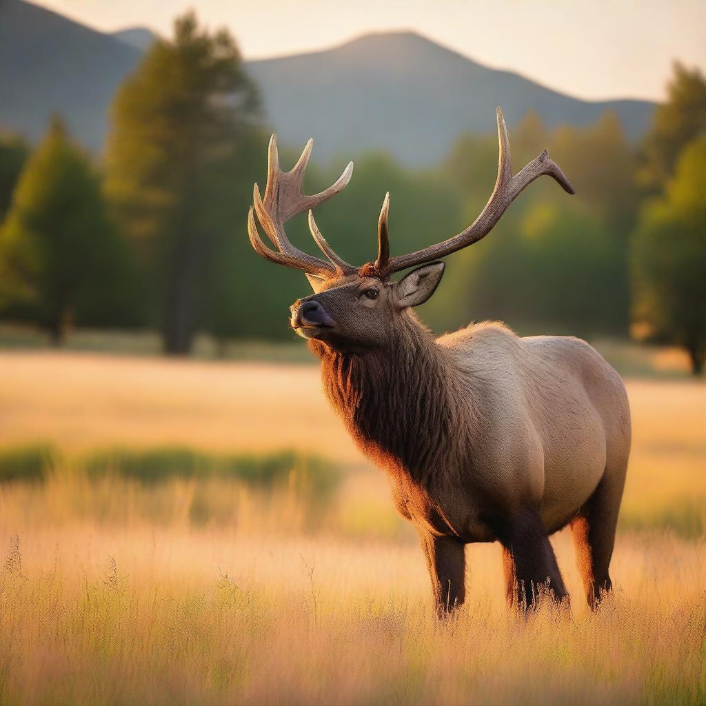 A majestic giant elk standing proudly in a serene meadow, surrounded by tall, lush grass and wildflowers