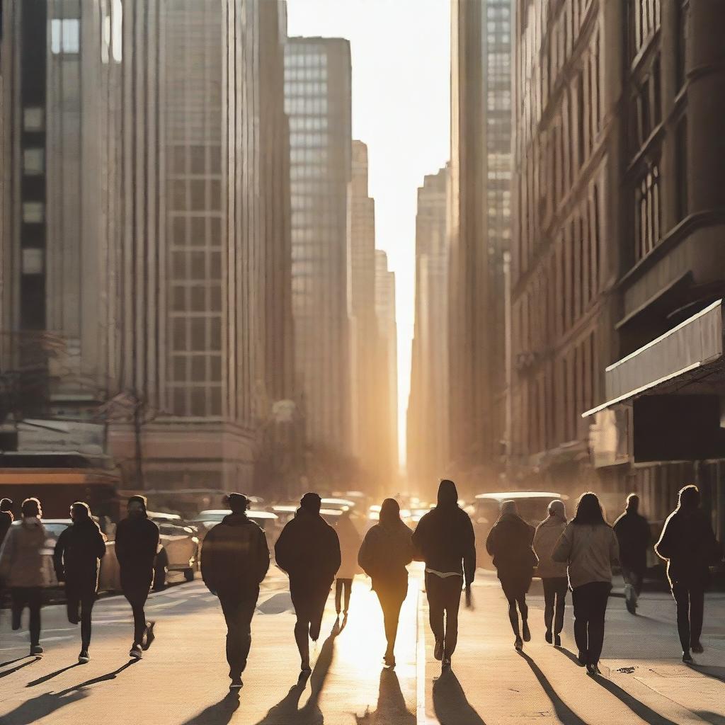 A lively and dynamic scene of people waking up in the middle of the city