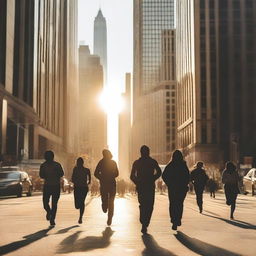 A lively and dynamic scene of people waking up in the middle of the city