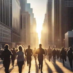 A lively and dynamic scene of people waking up in the middle of the city