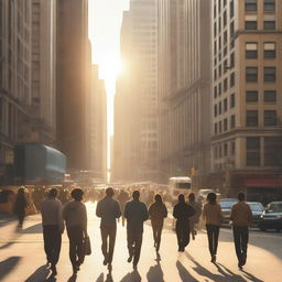 A lively and dynamic scene of people waking up in the middle of the city