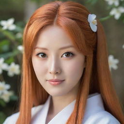 A realistic portrait of Orihime, a beauty with radiant, long orange hair, and warm brown eyes dressed in traditional Japanese outfit, her demeanor soft and kind.