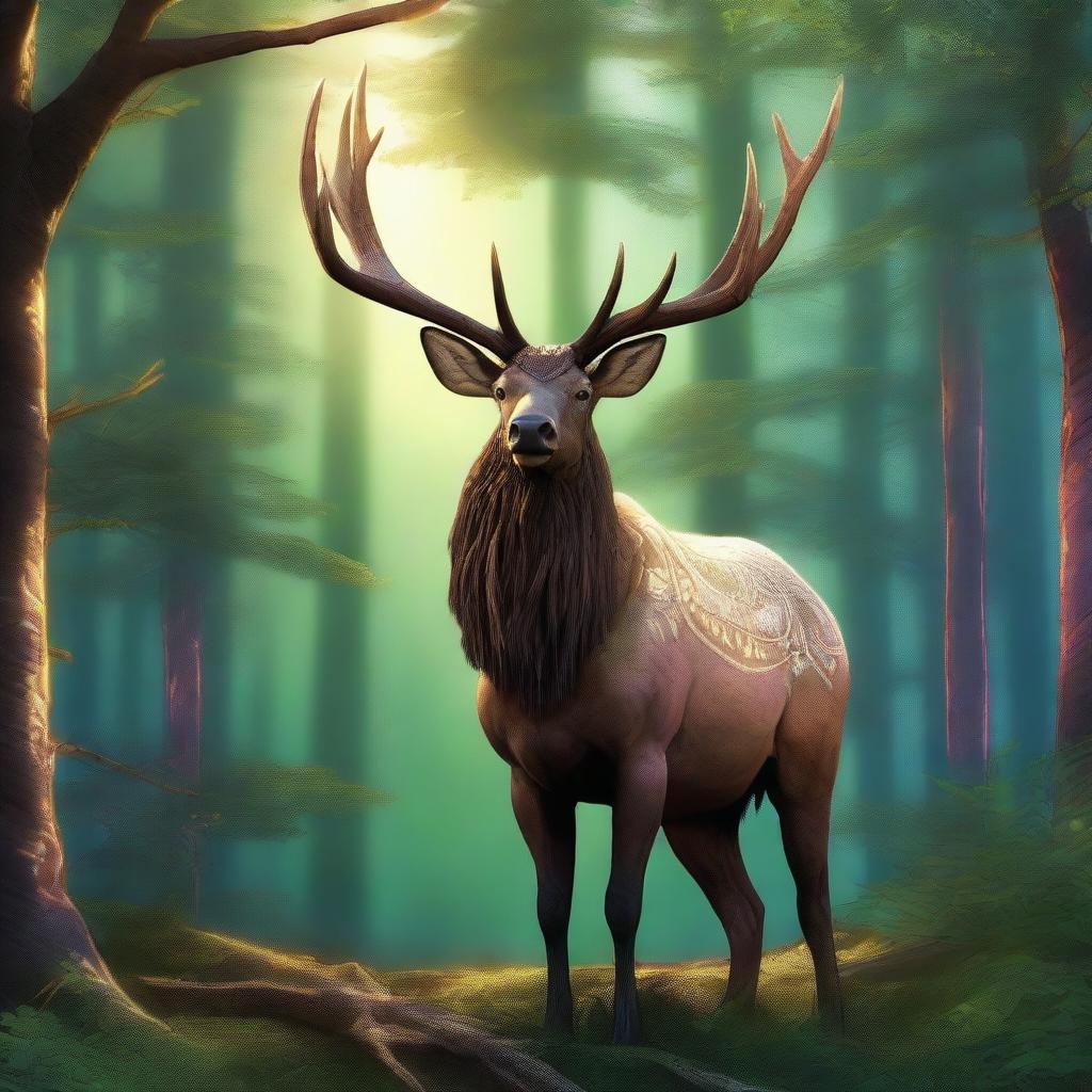 A majestic giant elk standing proudly in a fantasy forest, adorned with intricate, gleaming armor