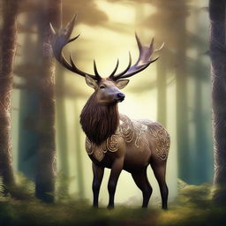 A majestic giant elk standing proudly in a fantasy forest, adorned with intricate, gleaming armor