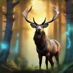 A majestic giant elk standing proudly in a fantasy forest, adorned with intricate, gleaming armor