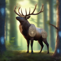 A majestic giant elk standing proudly in a fantasy forest, adorned with intricate, gleaming armor