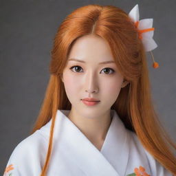 A realistic portrait of Orihime, a beauty with radiant, long orange hair, and warm brown eyes dressed in traditional Japanese outfit, her demeanor soft and kind.