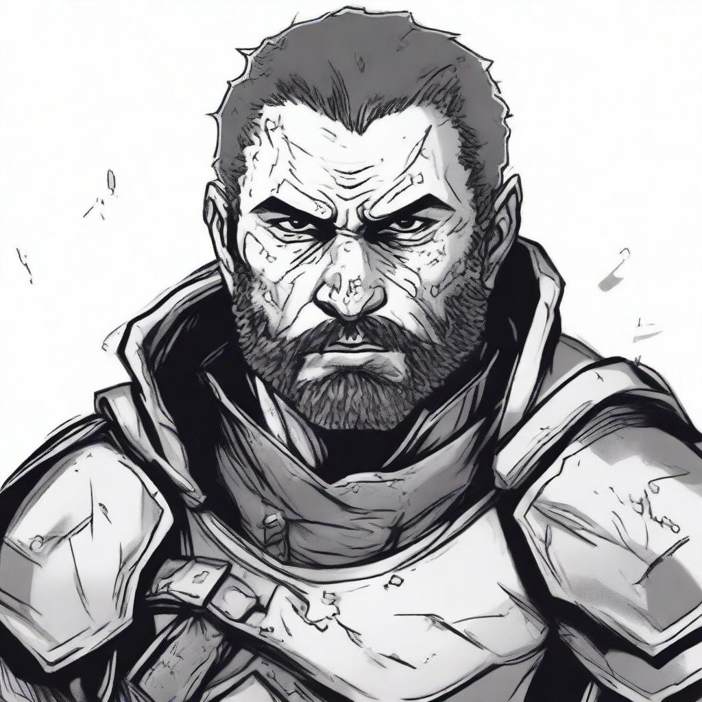 A dark DND illustration in black and white of a 30-year-old medieval mercenary wearing a grizzled expression