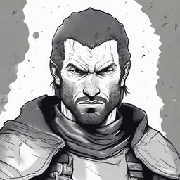 A dark DND illustration in black and white of a 30-year-old medieval mercenary wearing a grizzled expression