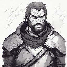 A dark DND illustration in black and white of a 30-year-old medieval mercenary wearing a grizzled expression