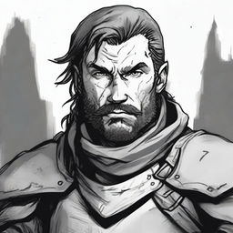 A dark DND illustration in black and white of a 30-year-old medieval mercenary wearing a grizzled expression