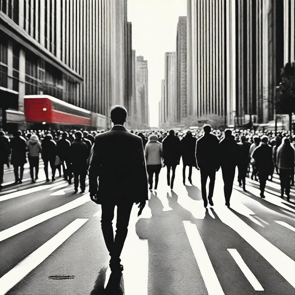 A striking image of a man walking against a crowd in a busy urban setting