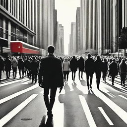 A striking image of a man walking against a crowd in a busy urban setting