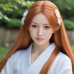 A realistic portrait of Orihime, a beauty with radiant, long orange hair, and warm brown eyes dressed in traditional Japanese outfit, her demeanor soft and kind.