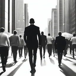 A striking image of a man walking against a crowd in a busy urban setting