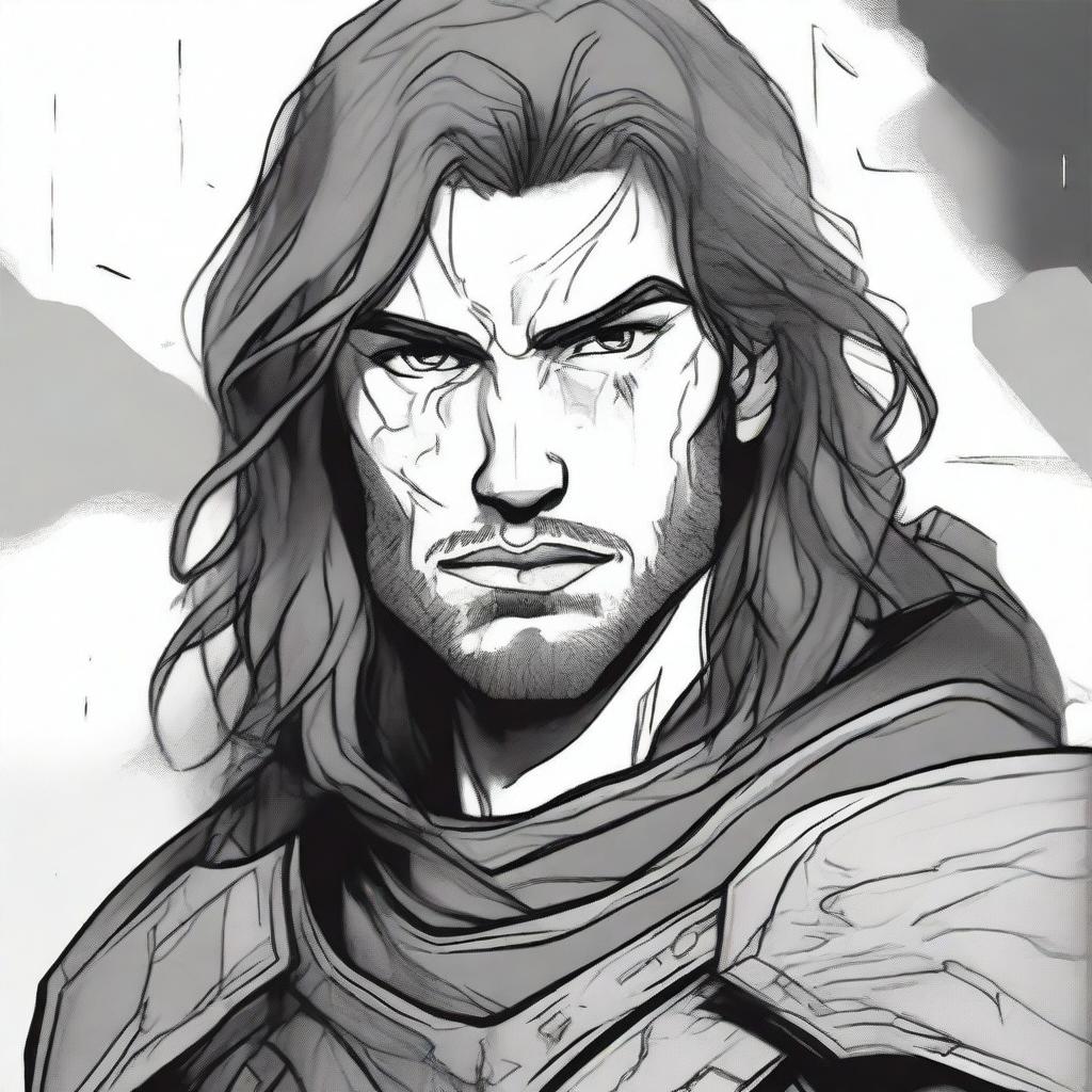 A dark DND illustration in black and white of a 25-year-old medieval mercenary with long hair and a grizzled expression