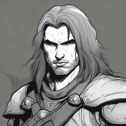 A dark DND illustration in black and white of a 25-year-old medieval mercenary with long hair and a grizzled expression