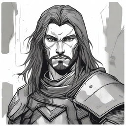 A dark DND illustration in black and white of a 25-year-old medieval mercenary with long hair and a grizzled expression