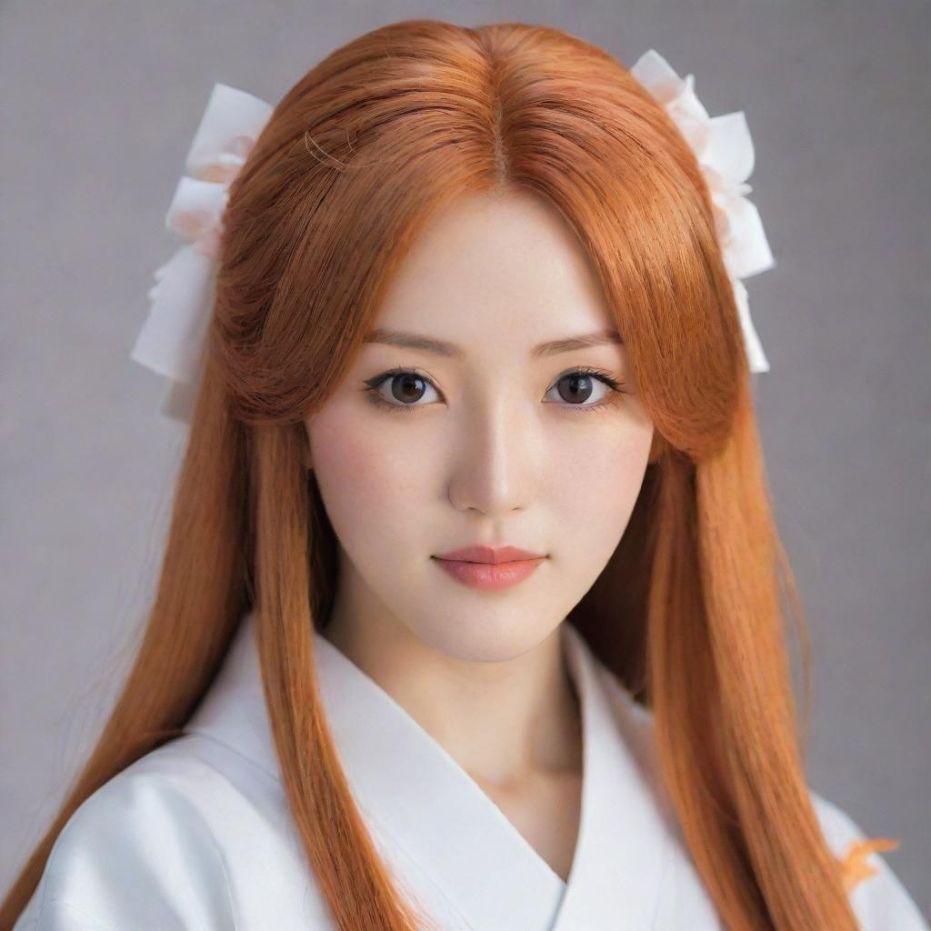 A realistic portrait of Orihime, a beauty with radiant, long orange hair, and warm brown eyes dressed in traditional Japanese outfit, her demeanor soft and kind.