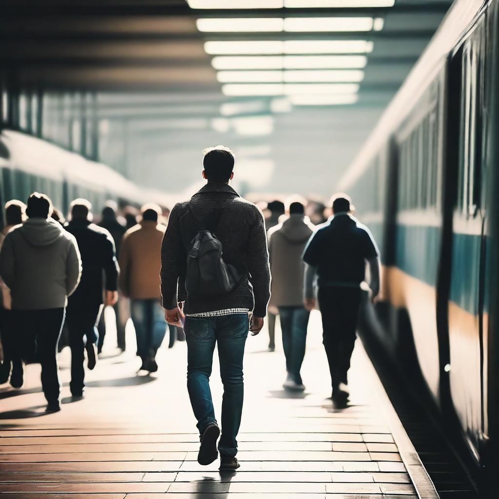 A compelling image of a man walking against a crowd at a bustling train station