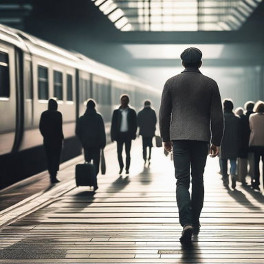 A compelling image of a man walking against a crowd at a bustling train station