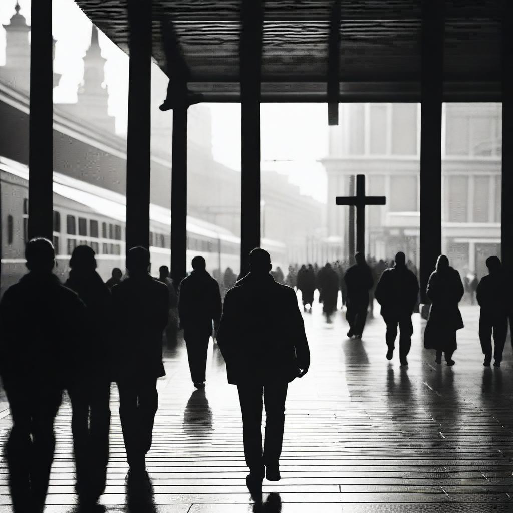 A dramatic scene depicting a man looking at a cross and walking against the crowd at a bustling train station