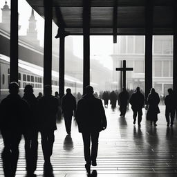 A dramatic scene depicting a man looking at a cross and walking against the crowd at a bustling train station