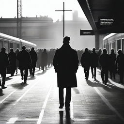 A dramatic scene depicting a man looking at a cross and walking against the crowd at a bustling train station