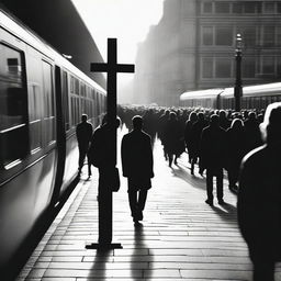 A dramatic scene depicting a man looking at a cross and walking against the crowd at a bustling train station