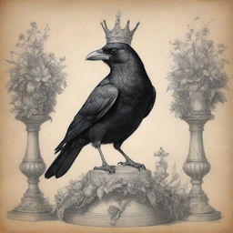 A comical pencil sketch displaying a royal crow with a crown, sitting majestically on a beautifully adorned pedestal scattered with flowers and offerings.