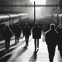 A dramatic scene depicting a man looking at a cross and walking against the crowd at a bustling train station