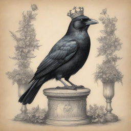 A comical pencil sketch displaying a royal crow with a crown, sitting majestically on a beautifully adorned pedestal scattered with flowers and offerings.