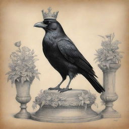 A comical pencil sketch displaying a royal crow with a crown, sitting majestically on a beautifully adorned pedestal scattered with flowers and offerings.