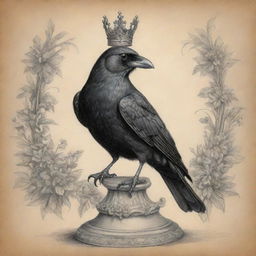 A comical pencil sketch displaying a royal crow with a crown, sitting majestically on a beautifully adorned pedestal scattered with flowers and offerings.