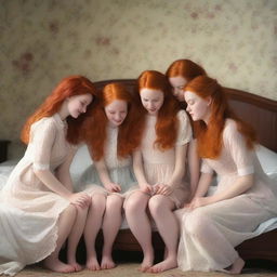 A realistic depiction of five redhead women with fair skin kneeling down on a bed